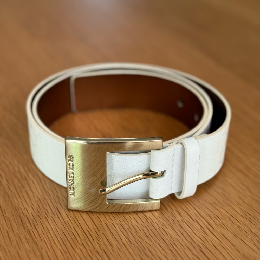 Michael Kors White and Gold Embossed Logo Belt